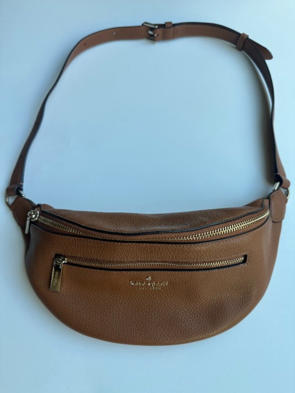 Kate Spade New York Cognac Brown Pebbled Leather Sling Belt Bag Double Zip